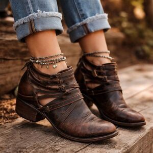 FREEBIRD By Steven Stair Brown Leather Distressed Strap Ankle Boots Women's Sz 6